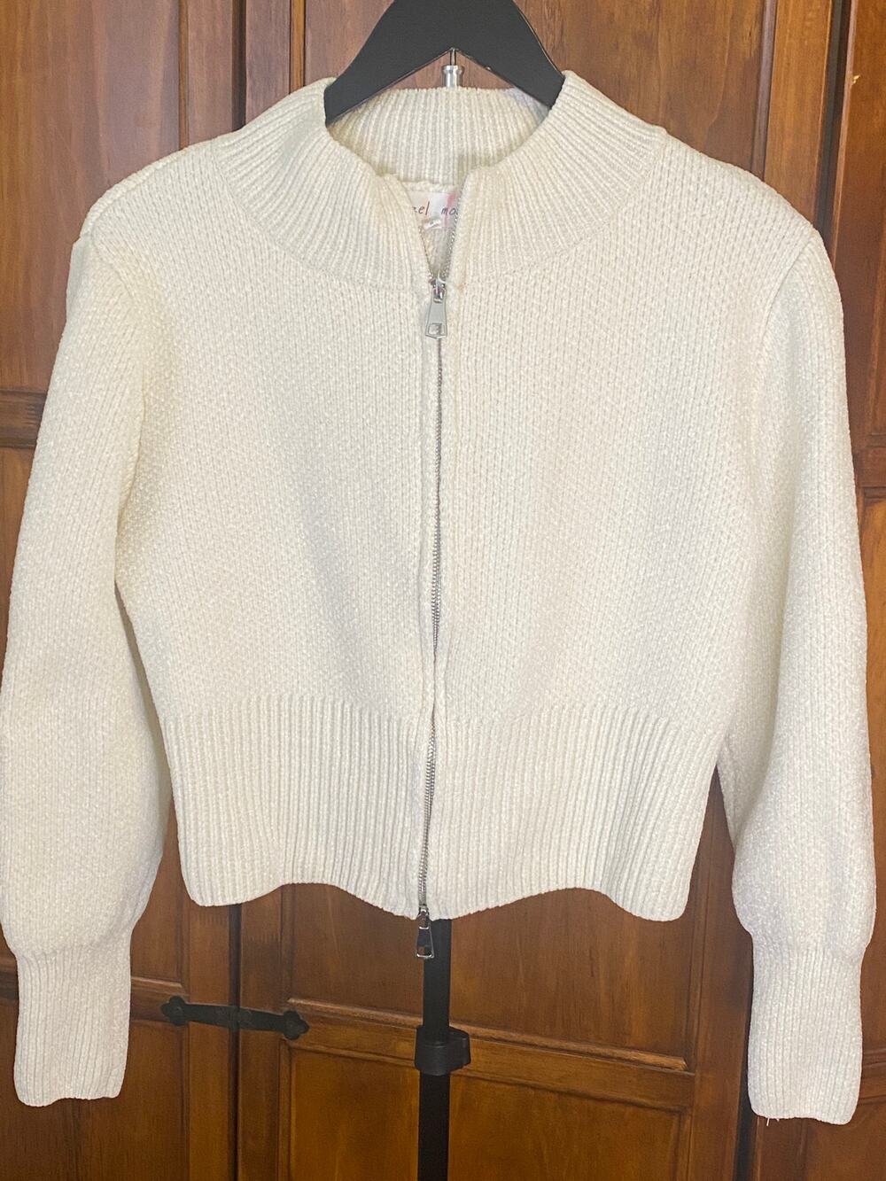 Hazel Moon Ivory Chenille Knit Zip Front Cropped Cardigan XL